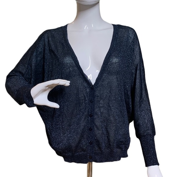 Free People Cardigan Sweater Size M  Button Down Oversized Navy Blue Shimmer - Picture 1 of 12